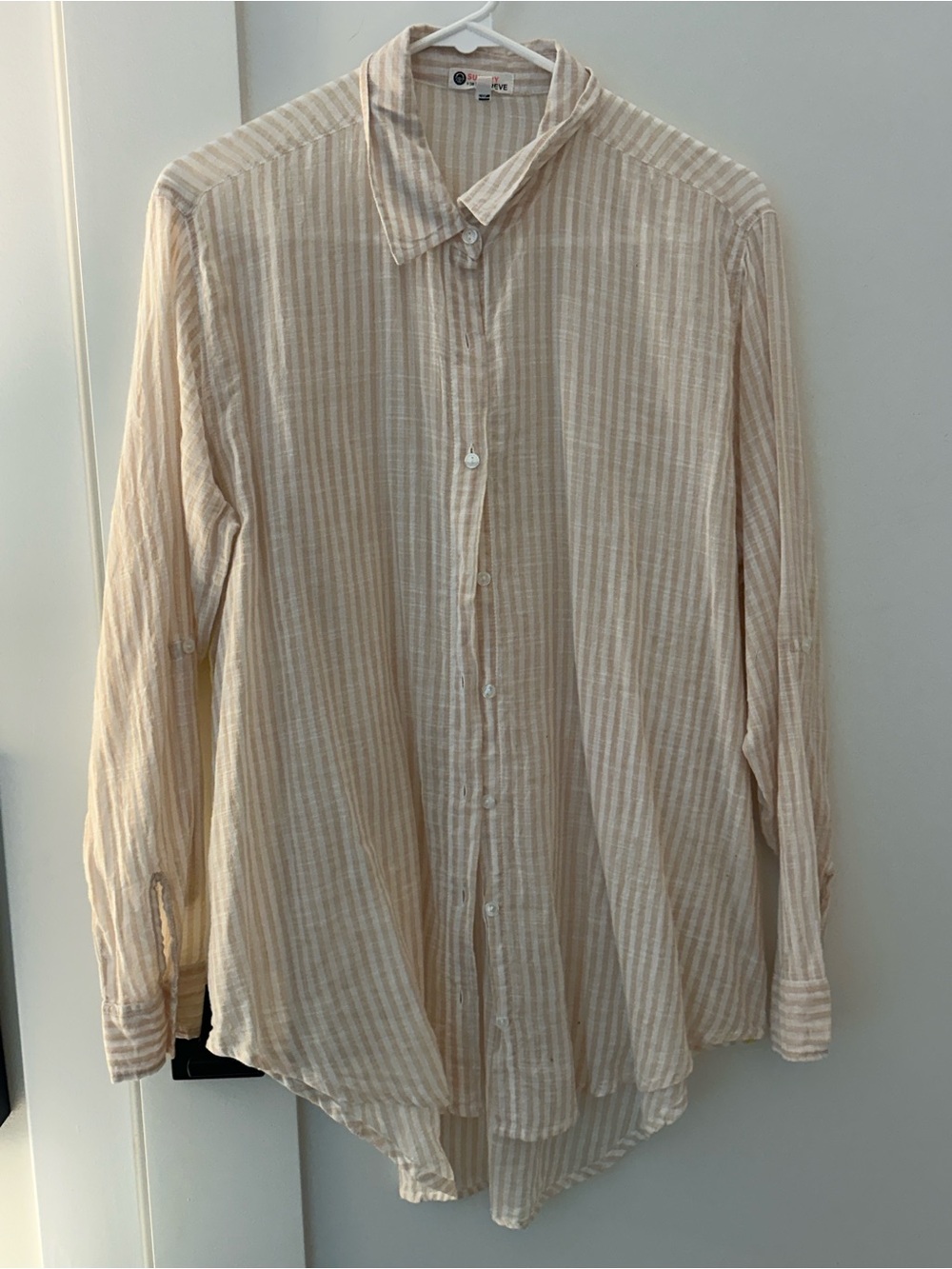 Sundry Beige and White Striped Lightweight Button-Down Shirt